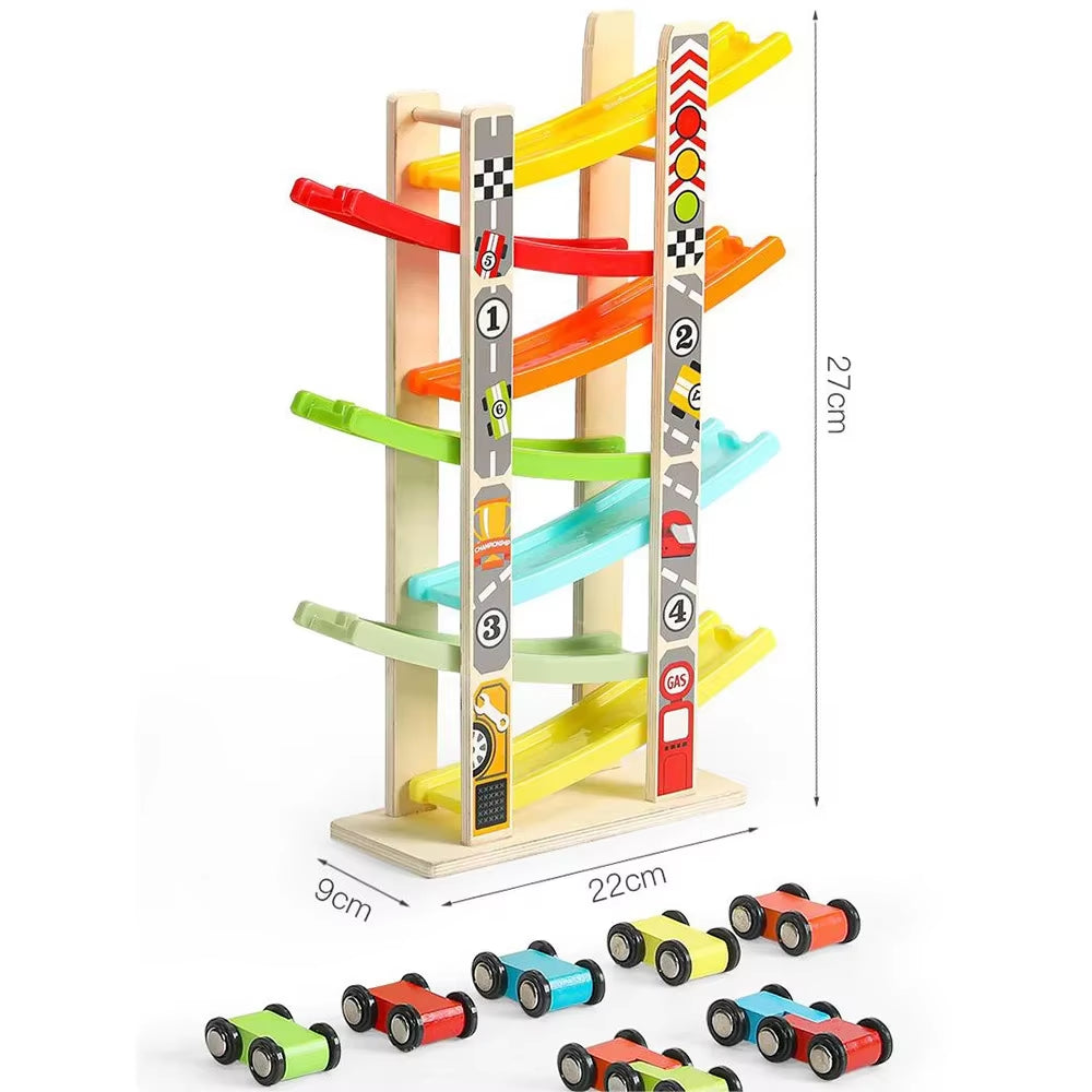 Wooden learning toys-47 Track Wooden Ramp Racing Toddler Toy Car Set Montessori Educational Toy Game Mini Inertia Slide Roller Coaster Racing
