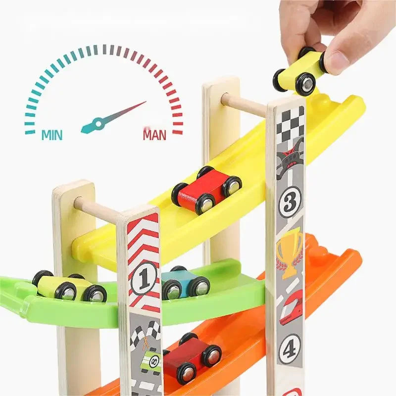 Wooden learning toys-47 Track Wooden Ramp Racing Toddler Toy Car Set Montessori Educational Toy Game Mini Inertia Slide Roller Coaster Racing