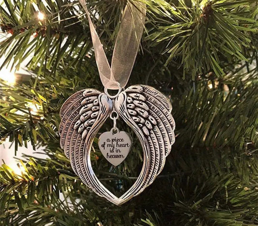 A Piece of My Heart is in Heaven Christmas Ornament with Angel Wings - for Memorial Loss of Loved one - Silk Ribbon and red Bag