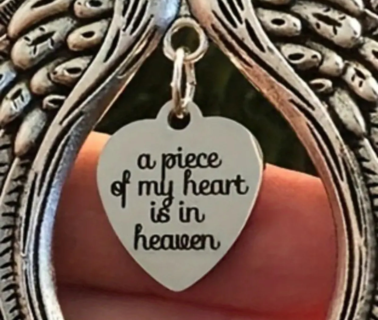 A Piece of My Heart is in Heaven Christmas Ornament with Angel Wings - for Memorial Loss of Loved one - Silk Ribbon and red Bag